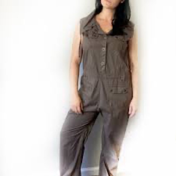 Per Se Botique Brown Cotton Poplin Wide Leg Jumpsuit L Utility Workwear XCVI - Picture 1 of 13